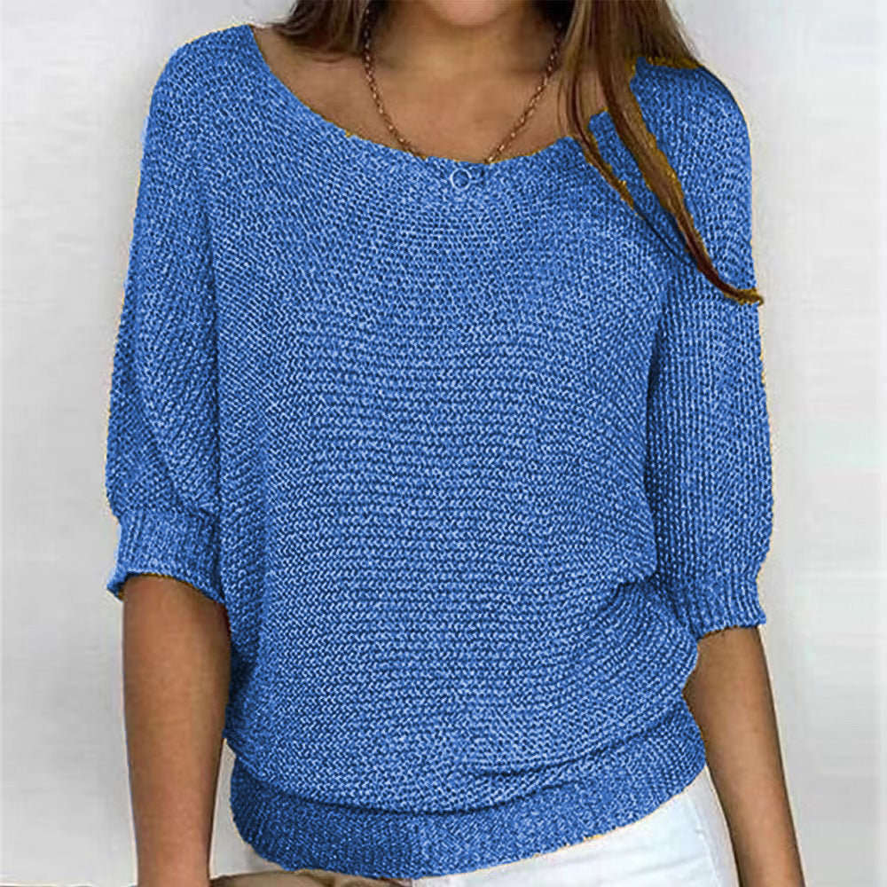 Women's Ribbed Knit Three-Quarter Sleeve Relaxed Fit Sweater