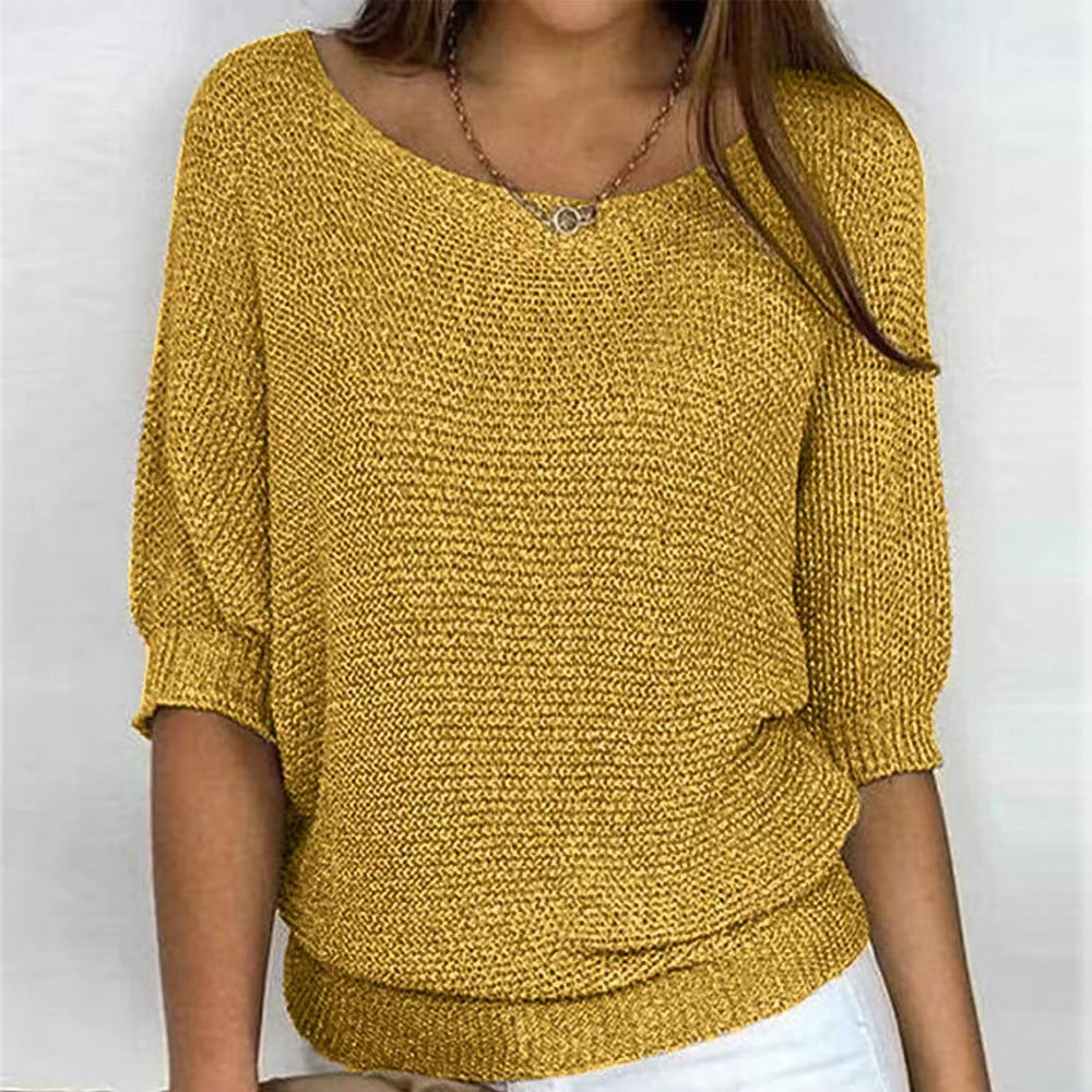 Women's Ribbed Knit Three-Quarter Sleeve Relaxed Fit Sweater
