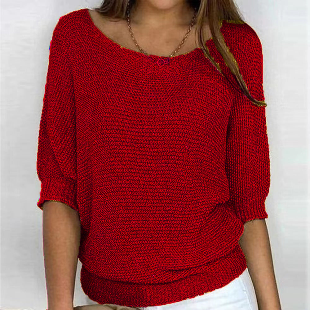 Women's Ribbed Knit Three-Quarter Sleeve Relaxed Fit Sweater