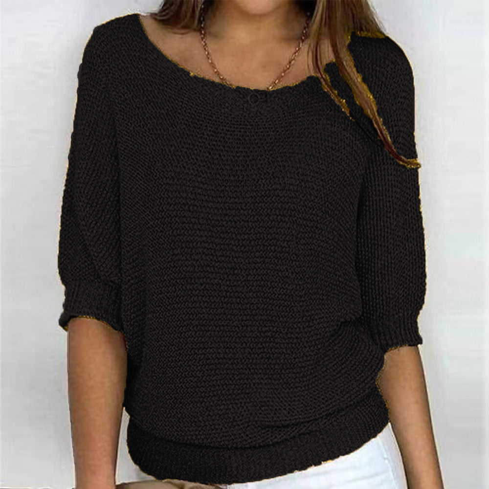 Women's Ribbed Knit Three-Quarter Sleeve Relaxed Fit Sweater