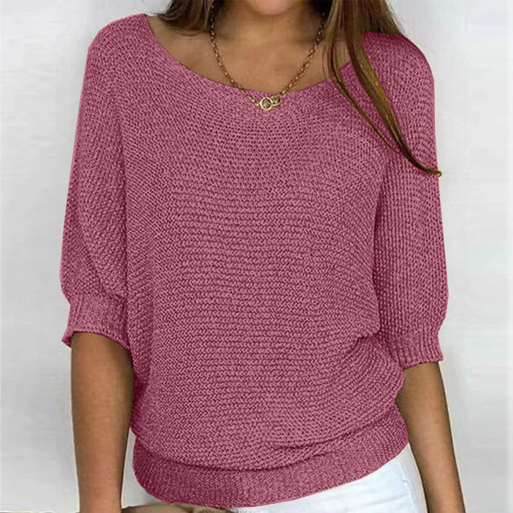 Women's Ribbed Knit Three-Quarter Sleeve Relaxed Fit Sweater