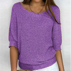 Women's Ribbed Knit Three-Quarter Sleeve Relaxed Fit Sweater