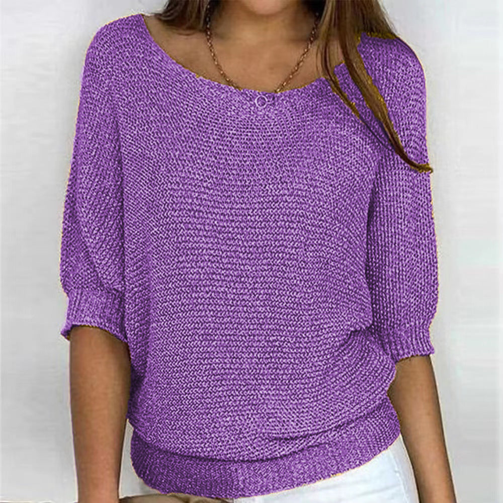 Women's Ribbed Knit Three-Quarter Sleeve Relaxed Fit Sweater