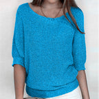Women's Ribbed Knit Three-Quarter Sleeve Relaxed Fit Sweater