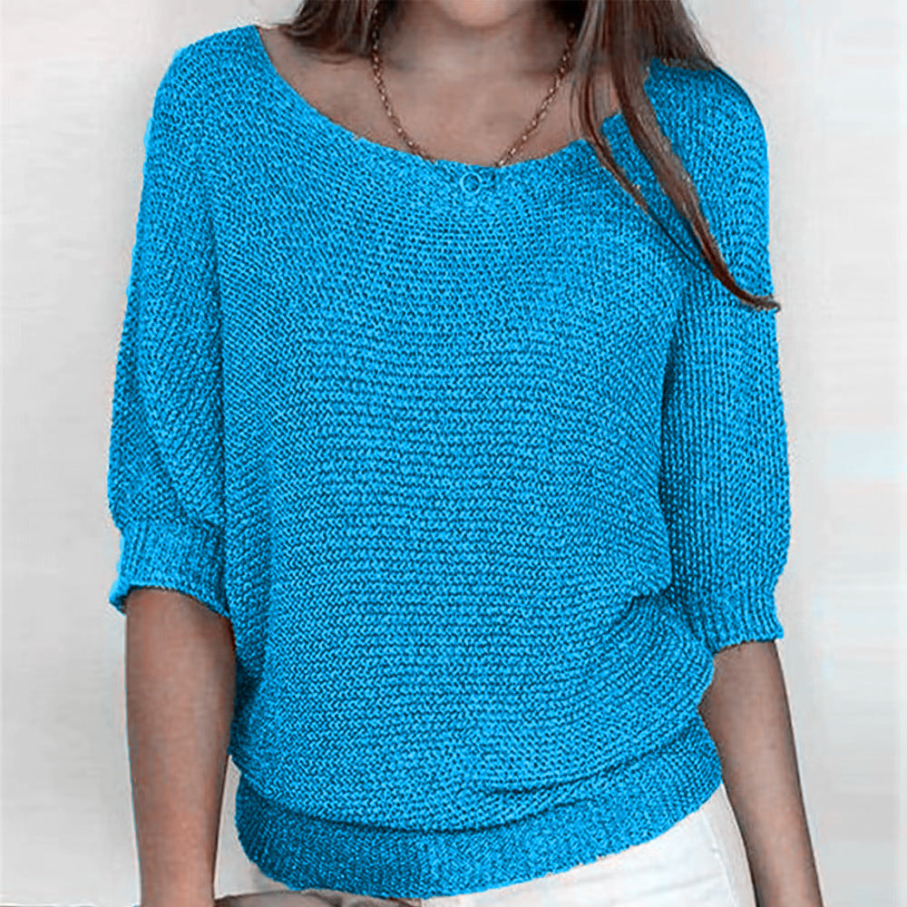 Women's Ribbed Knit Three-Quarter Sleeve Relaxed Fit Sweater