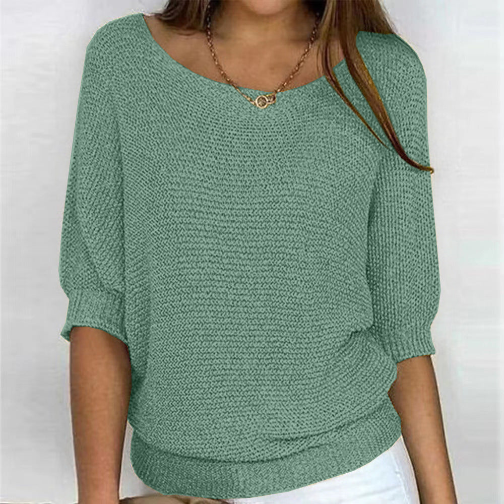 Women's Ribbed Knit Three-Quarter Sleeve Relaxed Fit Sweater