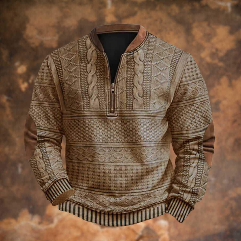 Men's Knit Sweater with Quarter Zip and Pattern Panels