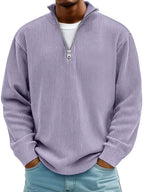 Men's Ribbed Knit Sweater with Quarter Zip and Stand Collar