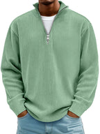 Men's Ribbed Knit Sweater with Quarter Zip and Stand Collar