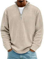 Men's Ribbed Knit Sweater with Quarter Zip and Stand Collar