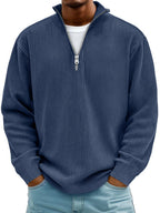 Men's Ribbed Knit Sweater with Quarter Zip and Stand Collar