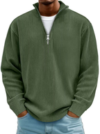 Men's Ribbed Knit Sweater with Quarter Zip and Stand Collar