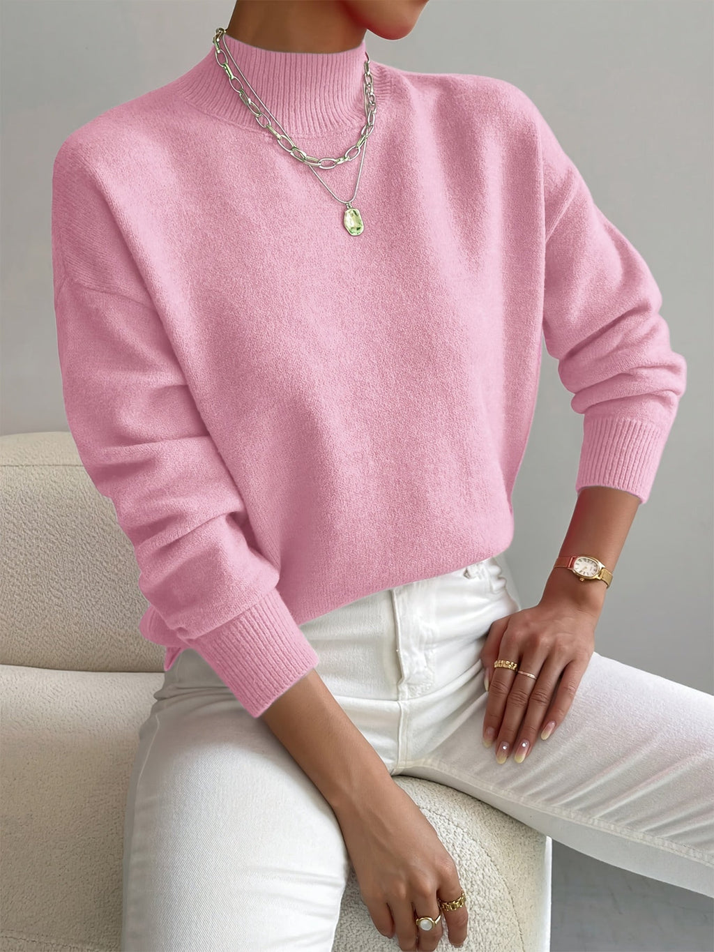 Women's Casual Knit Sweater with Turtleneck and Ribbed Trim