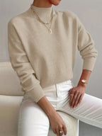 Women's Casual Knit Sweater with Turtleneck and Ribbed Trim