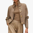 Women's Knit Blend Sweater Jacket with Stand Collar and Button Front