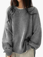 Women's Knit Crewneck Sweater with Drop Shoulders and Side Slits