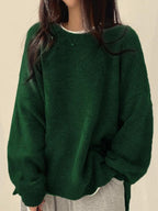 Women's Knit Crewneck Sweater with Drop Shoulders and Side Slits