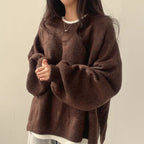 Women's Knit Crewneck Sweater with Drop Shoulders and Side Slits