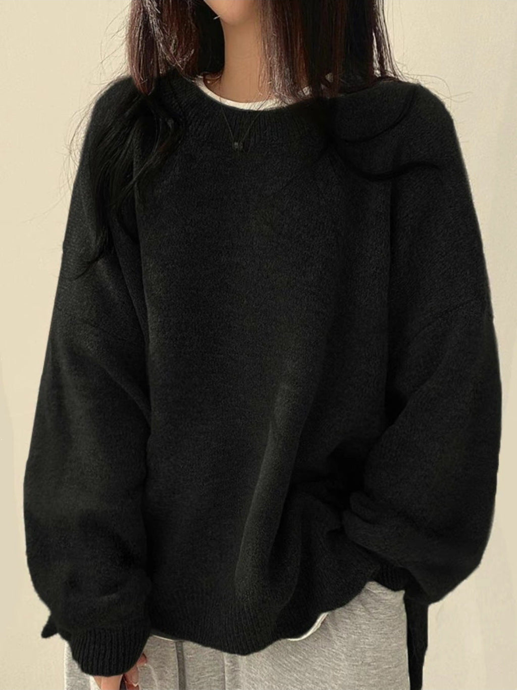 Women's Knit Crewneck Sweater with Drop Shoulders and Side Slits