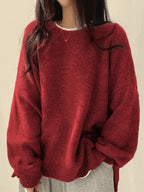Women's Knit Crewneck Sweater with Drop Shoulders and Side Slits