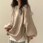 Women's Knit Crewneck Sweater with Drop Shoulders and Side Slits